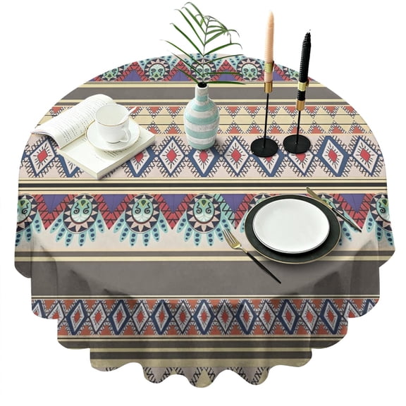Blue Boho Tribal Masks and Diamonds Pattern Round Tablecloth 60"x60",Wrinkle Wipeable Table Cloth for Kitchen Dining Room Picnic Patio Party