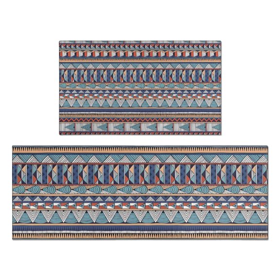 Blue Boho Tribal Triangles and Arrows Pattern Kitchen Rugs Sets Of 2,Anti Fatigue Kitchen Mat Rugs Non Slip Washable,Decorative Kitchen Floor Mats for Kitchen,Sink,Laundry,17"x30"+17"x47"
