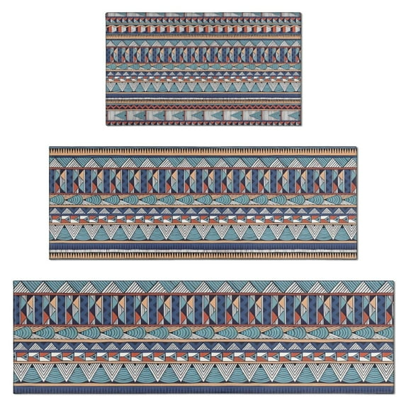 Blue Boho Tribal Triangles and Arrows Pattern Kitchen Rugs Sets Of 3,Kitchen Runner Rugs Non Skid Washable,Decorative Kitchen Floor Mats for Kitchen,Sink,Laundry,17"x30"+ 17"x47" + 17"x59"