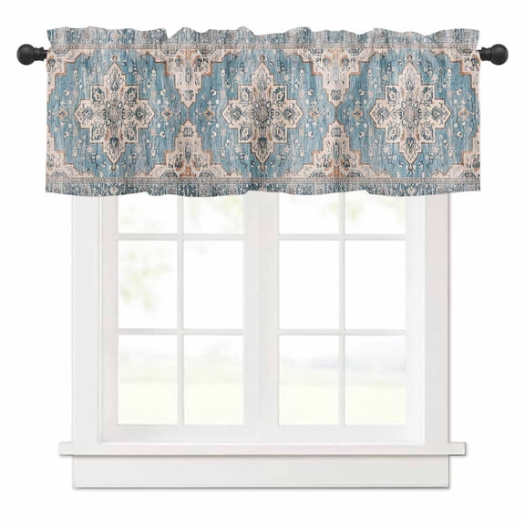 Blue Boho Valances for Windows Oriental Medallion Retro Distressed Bohemian Rod Pocket Curtain Valance Window Treatment Short Curtains for Kitchen Living Room, 42"x18"