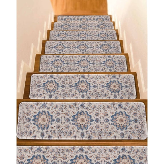 Blue Boho Vintage Stair Treads for Wooden Steps Indoor Runner Rug Carpet, Southwestern Ethnic Mexican Flowers 4 Pieces Peel and Stick Staircase Step Treads Covers Washable Throw Door Mats, 30"x8"