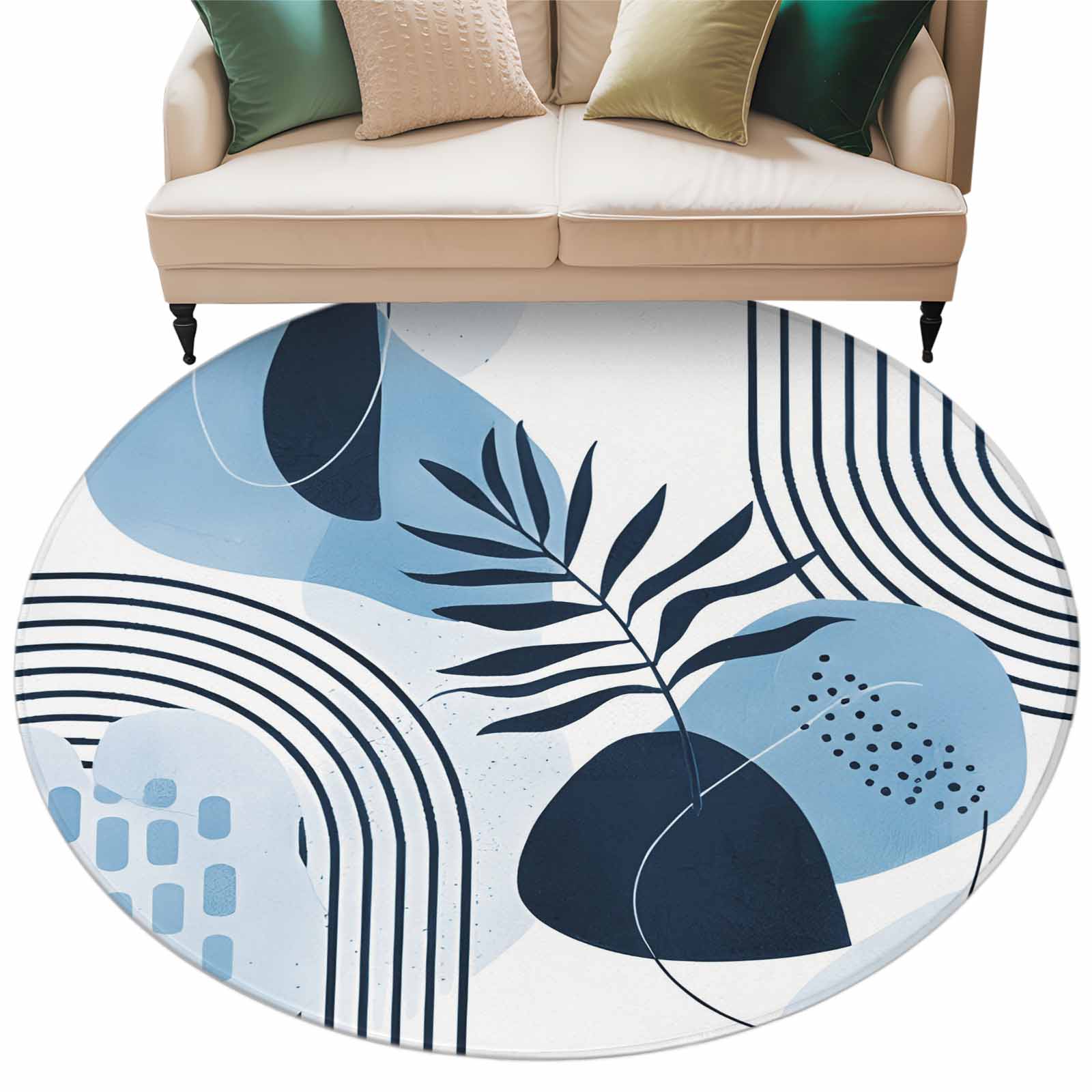 Medieval Rug Blue Blue Boho Washable Round Area Rug 6 ft, Medieval Leaves Geometric Lines ...