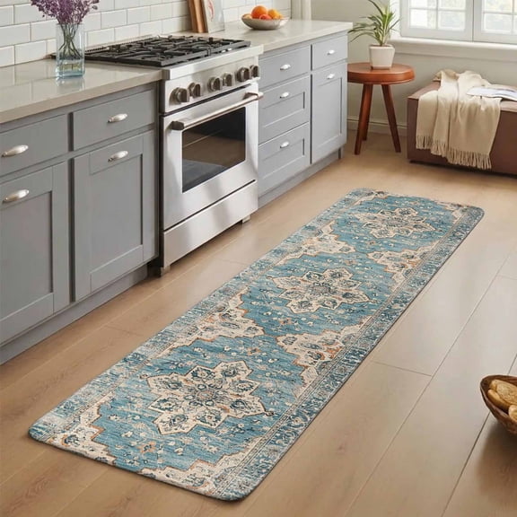 Blue Boho Washable Runner Rug 1.4x4 ft Oriental Medallion Retro Distressed Bohemian Non-Slip Hallway Runner Rug, Linen Kitchen Runner Mats, Indoor Floor Carpet for Entryway Bathroom Bedroom