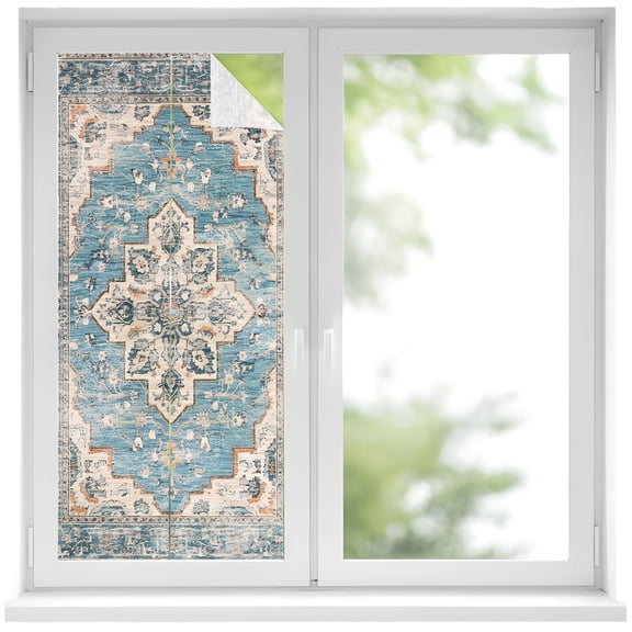 Blue Boho Window Privacy Film 19.6x39.3in Oriental Medallion Retro Distressed Bohemian Decorative Window Film with Static Cling, UV Filtering Window Cling Privacy Film for Glass Doors and Windows