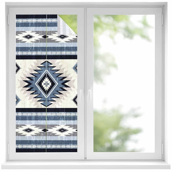 Blue Boho Window Privacy Film, Southwestern Ethnic Aztec Retro Geometric Static Cling UV Sun Blocking Heat Control Window Tint Day and Night, Non-Adhesive One Way Windows Privacy Cover 19.6''x39.3''