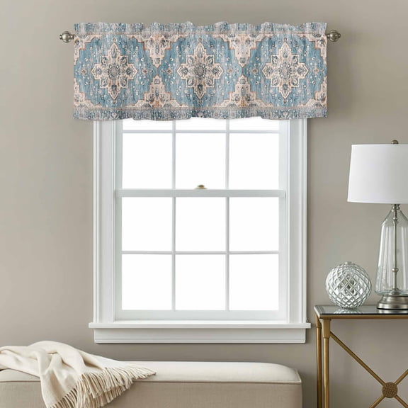Blue Boho Window Valance for Kitchen, Oriental Medallion Retro Distressed Bohemian Rod Pocket Short Curtain for Small Windows, Light Filtering Decorative Valance, 42 x 18 Inch, 1 Panel