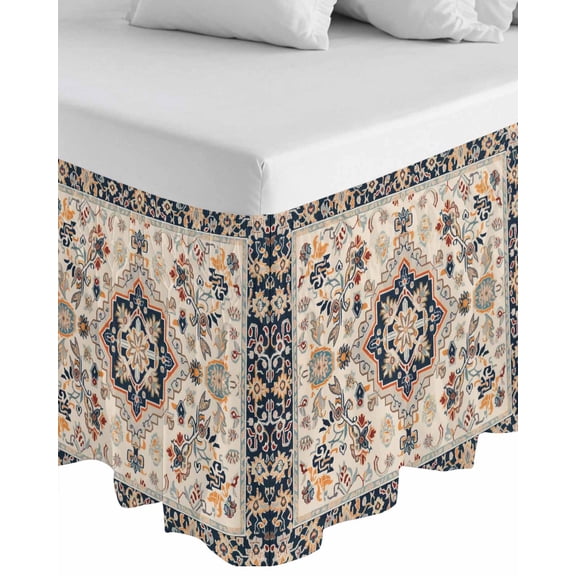 Blue Boho Wrap Around Bed Skirts for California King Bed 18" Drop,Bed Skirt with Adjustable Elastic Belt Dust Ruffle Bed Valance Ethnic Vintage Mexican Flowers Southwestern Bed Frame Cover