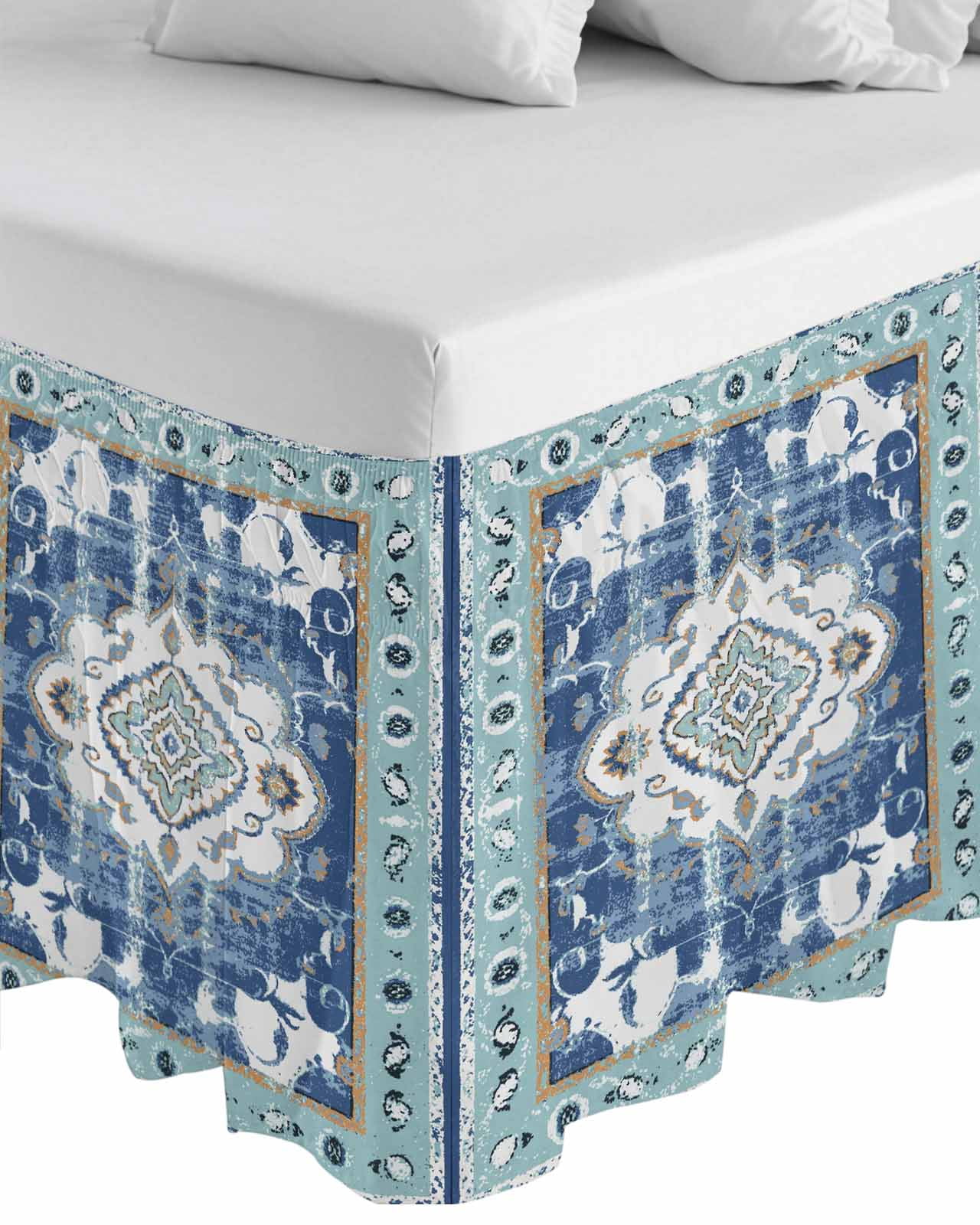 Blue Boho Wrap Around Bed Skirts for King Bed 18" Drop,Bed Skirt with Adjustable Elastic Belt Dust Ruffle Bed Valance for Bedroom Hotel Farmhouse Bohemian Medallion Oriental Flower Bed Frame Cover