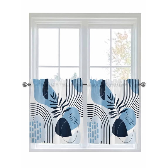 Blue Bohogeometric 2 Panel Kitchen Curtains for Small Windows, Bohemia Ethnic Abstract Lines Leaf Bathroom Tier Curtain, Short Window Treatment for Bedroom/Living Room 55"x24"