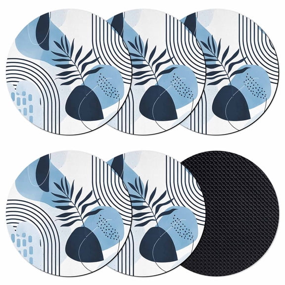 Blue Bohogeometric Coasters Set of 6, Absorbent Coasters for Drinks, Bohemia Ethnic Abstract Lines Leaf Coaster for Desk Coffee Table Protection, Home Decor House Warming Gifts 4"