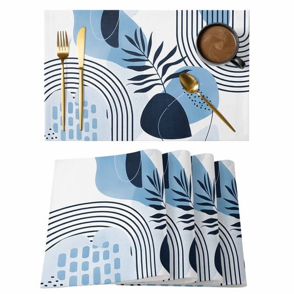 Blue Bohogeometric Placemats Set of 4, Bohemia Ethnic Abstract Lines Leaf Placemats for Dining Table, Place Mats for Kitchen Tabletop, Waterproof Wipeable Dining Table Mats Set