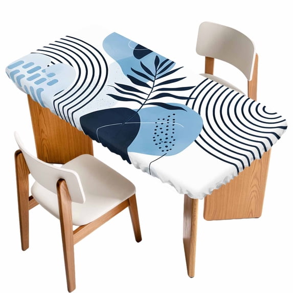 Blue Bohogeometric Table Cloths for 4 Foot Rectangle Tables, Bohemia Ethnic Abstract Lines Leaf Patio Waterproof Elastic Fitted Tablecloths, Washable Rectangular Table Cover for Camping