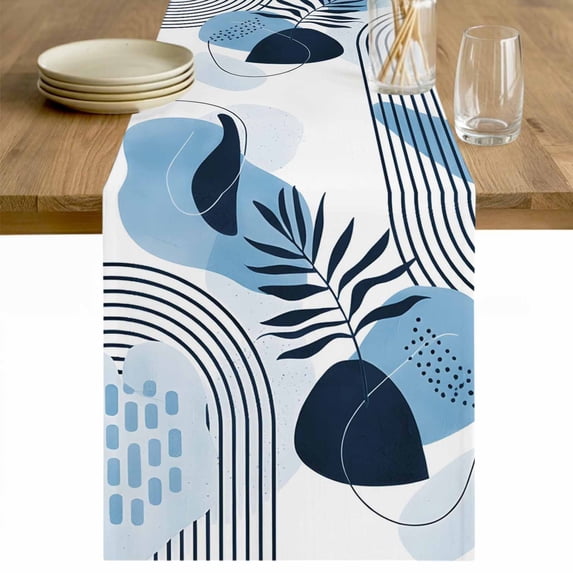 Blue Bohogeometric Table Runner - 120 Inch Long Bohemia Ethnic Abstract Lines Leaf Cotton and Linen Blended Dress Scarves Farmhouse Table Runner for Kitchen Dining, Coffee Table, 13" x 120"