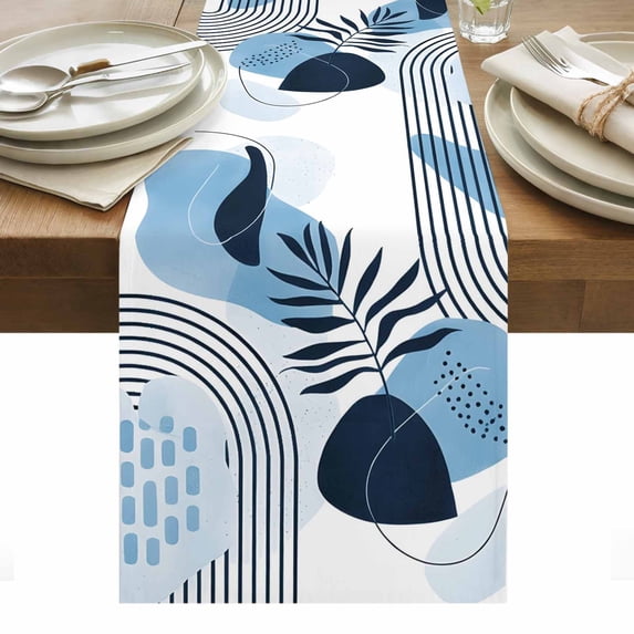 Blue Bohogeometric Table Runner - 70 Inch Long, Kitchen Dining Table Runner Dresser Scarves, Bohemia Ethnic Abstract Lines Leaf Farmhouse Decor for Coffee Tables Wedding Party Banquet