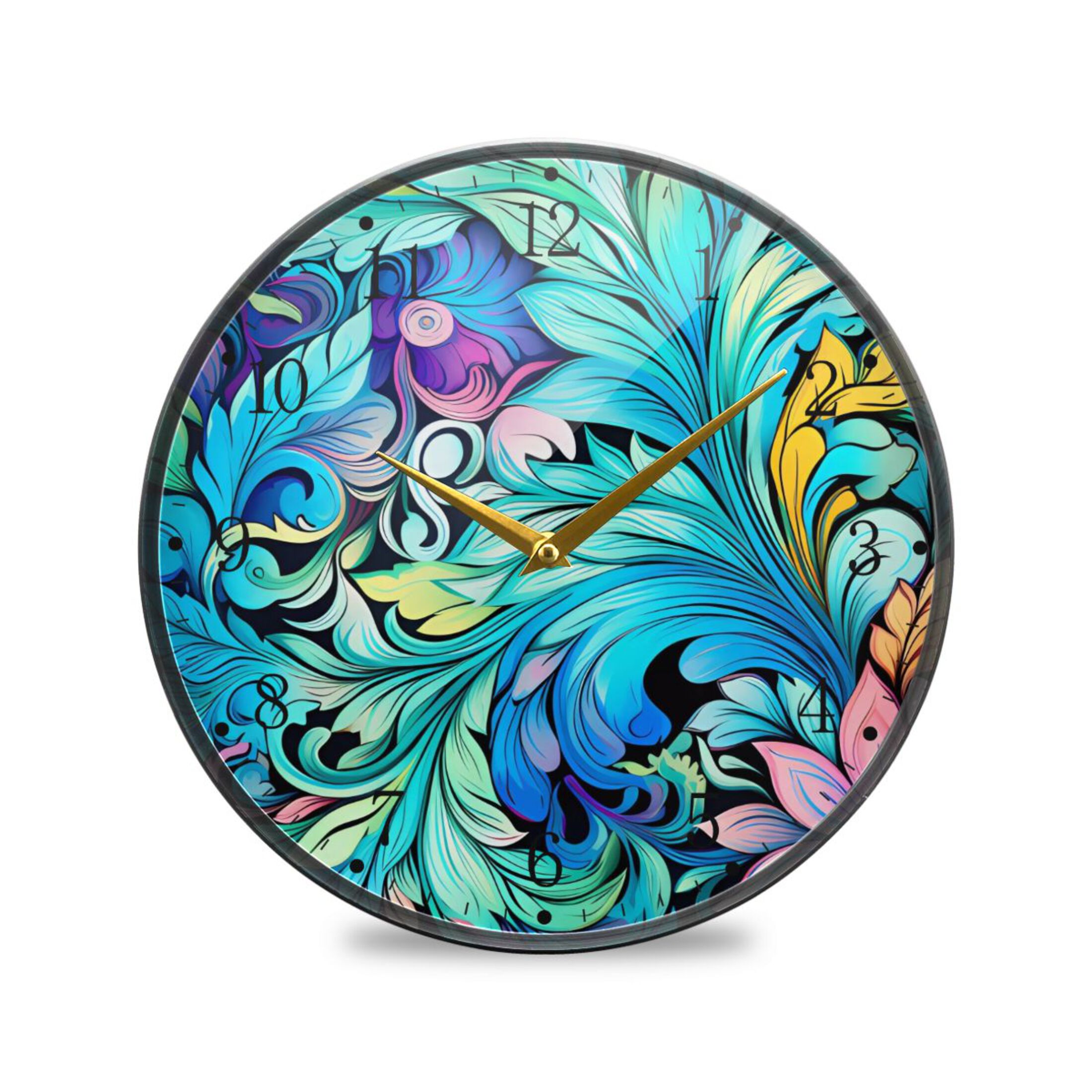 Blue Bohomia Flowers Acrylic Wall Clocks Quiet Round Clock Battery ...