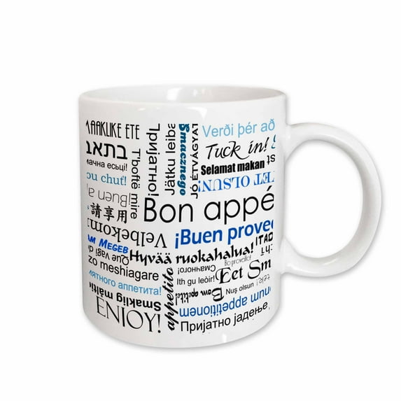 3drose, Blue Bon Appetit Kitchen Art Typography - Words for Enjoy Your Food in Many Other Languages, 15oz Mug