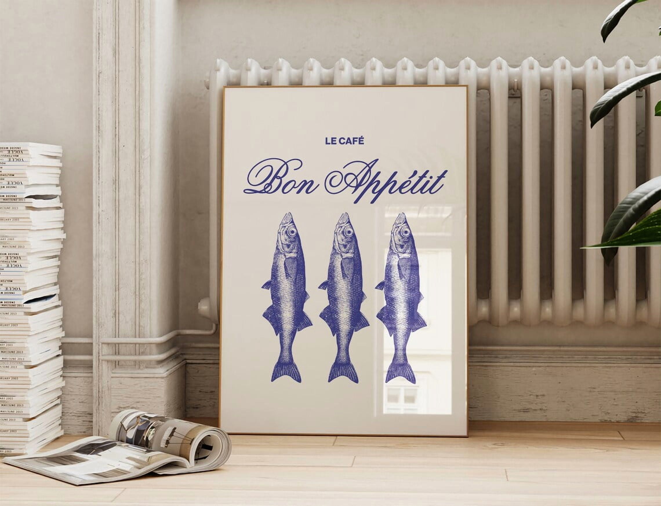 Blue Bon Appetit Wall Art Print, Vintage French Kitchen Fish And Dining ...