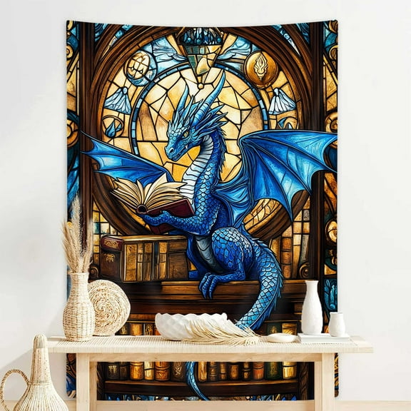 Blue Book Dragon Art Tapestry,Vintage Medieval Dragon Reading Books Wall Decor,Bookshelf Stained-glass Window Wall Hanging for Classroom Home Bedroom Living Room,50X60Inches