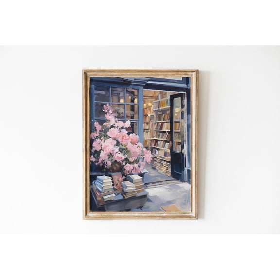 Blue Bookstore New York Library Flowers Home Wall Decor Unframed Paper Print