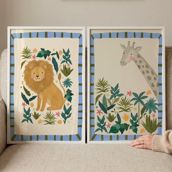 Blue Border Safari Animal Wall Art Set Of 2 Lion and Giraffe Nursery Decor Jungle Animal Kids Print Safari Nursery Illustration Set 2