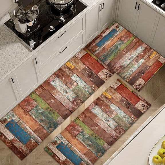 Blue Borwn Farmhouse Kitchen Rugs Sets 3 Piece with Runner Soft Kitchen Floor Mat Colorful Patchwork Rugs Kitchen Carpets and Rugs Non Slip Washable for Bathroom Entryway Front Door Laundry