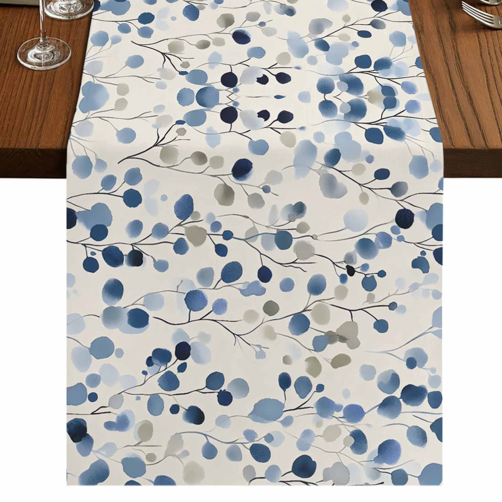 Blue Botanical 36 Inch Table Runner, Summer Floral Leaves Farmhouse ...