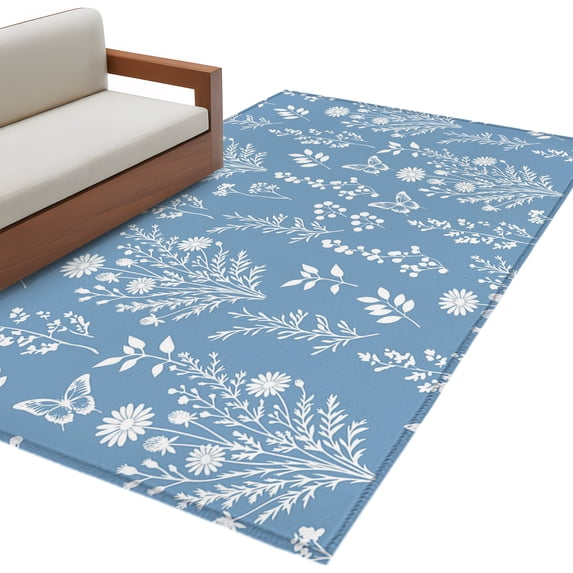 Blue Botanical Area Rug Washable 3x5 Entryway Rug Non-Slip Indoor Low ...