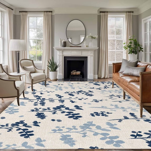 Blue Botanical Area Rugs 5'x7', Washable Small Throw Rugs for Laundry Room Playroom, Rustic Country Spring Floral Summer Leaf Indoor Outdoor Rug Non-Slip Low Pile Carpet Runner Reversible Floor Mats