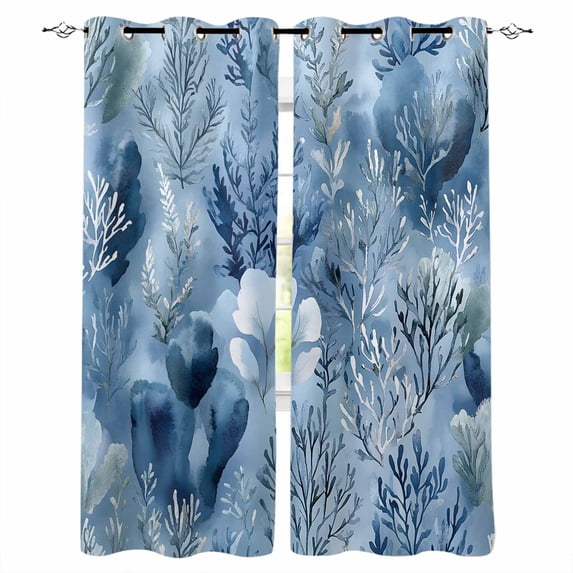 Blue Botanical Art Blackout Curtains for Bedroom Living Room Darkening Curtains 63 Inches Long Pastoral Watercolor Leaf Modern Window Curtain 2 Panels Set Window Treatment Grommet Drapes 42"x63"