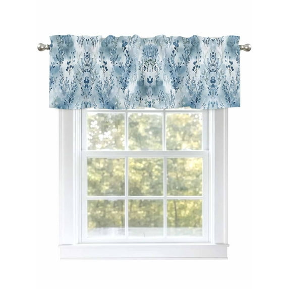 Blue Botanical Art Curtain Valances for Windows, Watercolor Leaf Modern Elegant Kitchen Valance Window Treatment, Light Filtering Block Curtains for Bathroom/Bedroom/Living Room 60'' x 18''