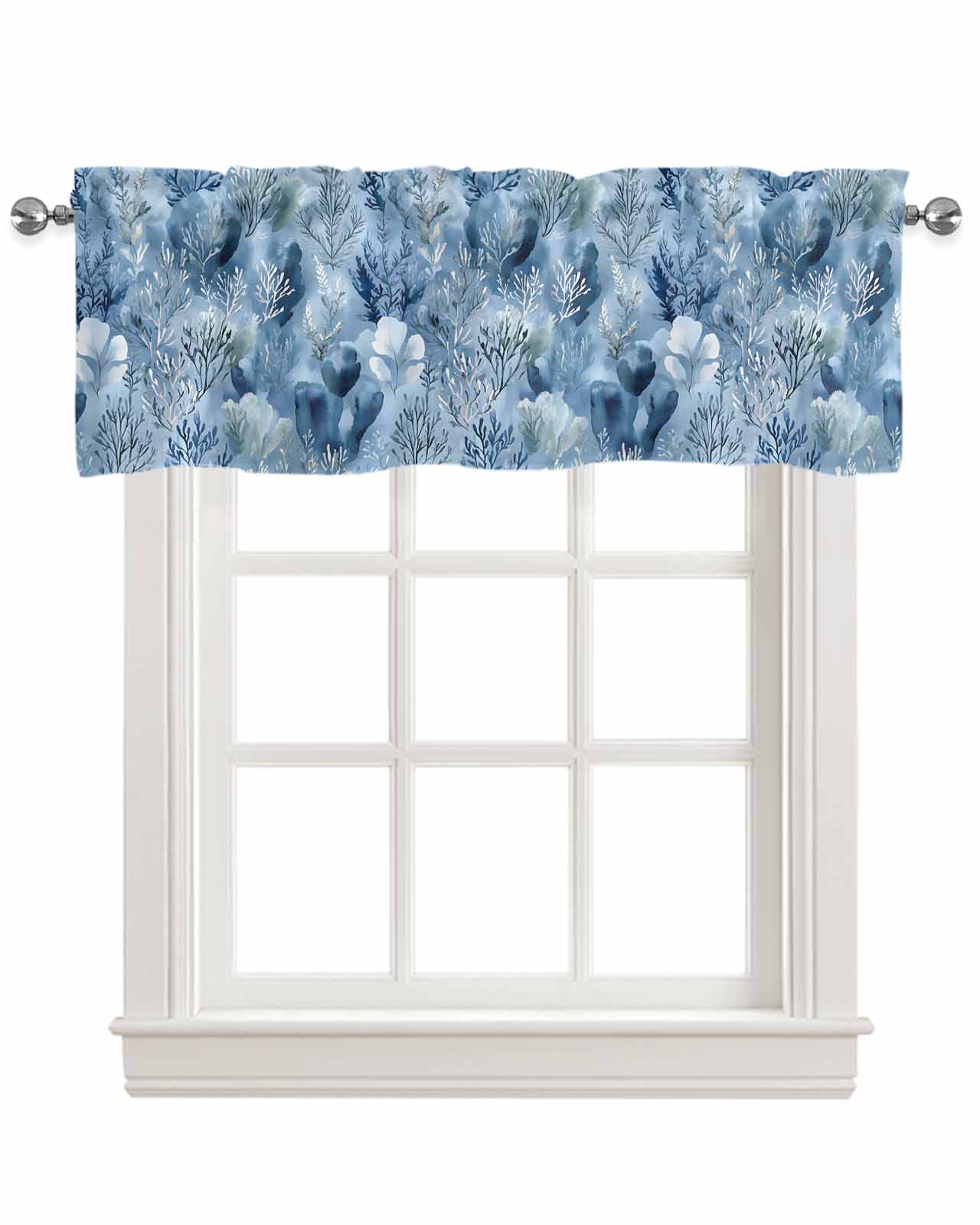 Blue Botanical Art Kitchen Valances for Windows Farmhouse Linen Window ...