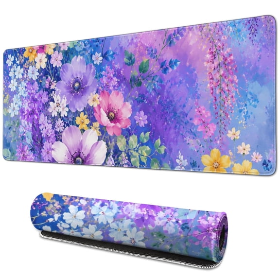 Blue Botanical Art Print Large Mouse Pad, Keyboard & Mouse Desk Mat for Home Office, Laptop Work, Gaming & Desktop Decor, 31.5 x 11.8 in