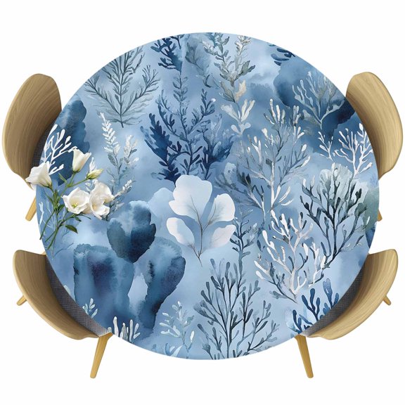 Blue Botanical Art Round Tablecloth 36-44 Inch Round Fitted Table Cloth with Elastic Edge, Pastoral Watercolor Leaf Modern Waterproof Table Cover Protector for Outdoor Picnic Party Dining