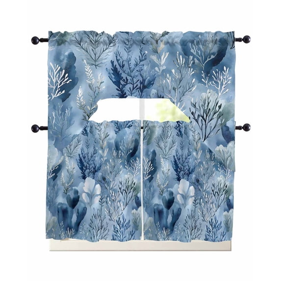 Blue Botanical Art Swag Kitchen Curtains Sets for Windows 24 Inch Length, Pastoral Watercolor Leaf Modern Short Window Curtain Panels Swags Valances and Tiers 3 Piece Set for Cafe/Dining Room