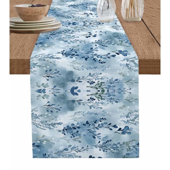 Blue Botanical Art Table Runner 72 Inches, Watercolor Leaf Modern Elegant Bed Runner Dresser Scarves Tabletop for Indoor Outdoor Parties/Ceremony/Banquet, 16" x 72"
