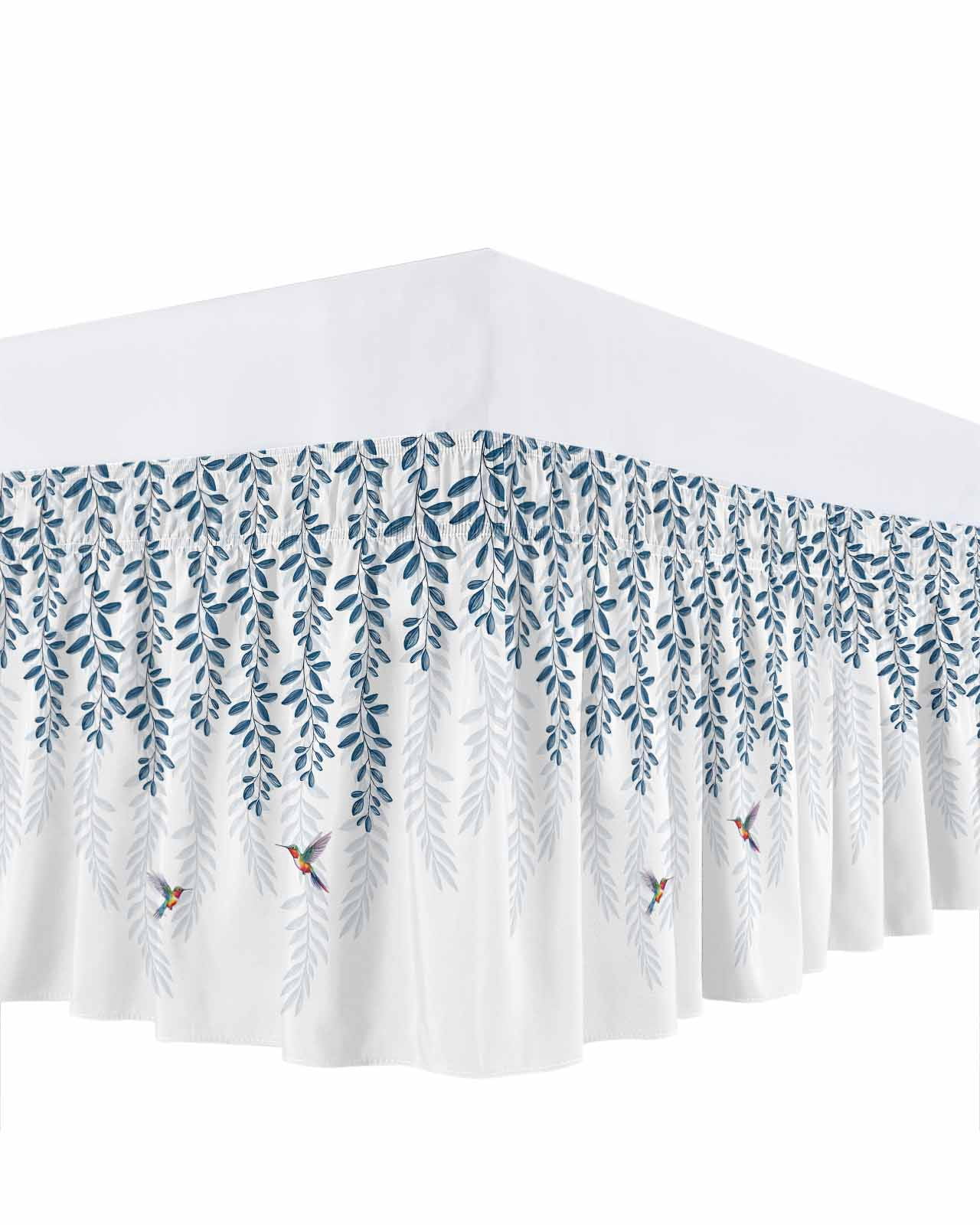 Blue Botanical Bed Skirt King Size, Pastoral Spring Floral Summer Birds Wrap Around Bed Skirting with Adjustable Elastic Strap, Dust Ruffled Pleated Bedskirts 18 Inch Drop for Bedroom King Beds