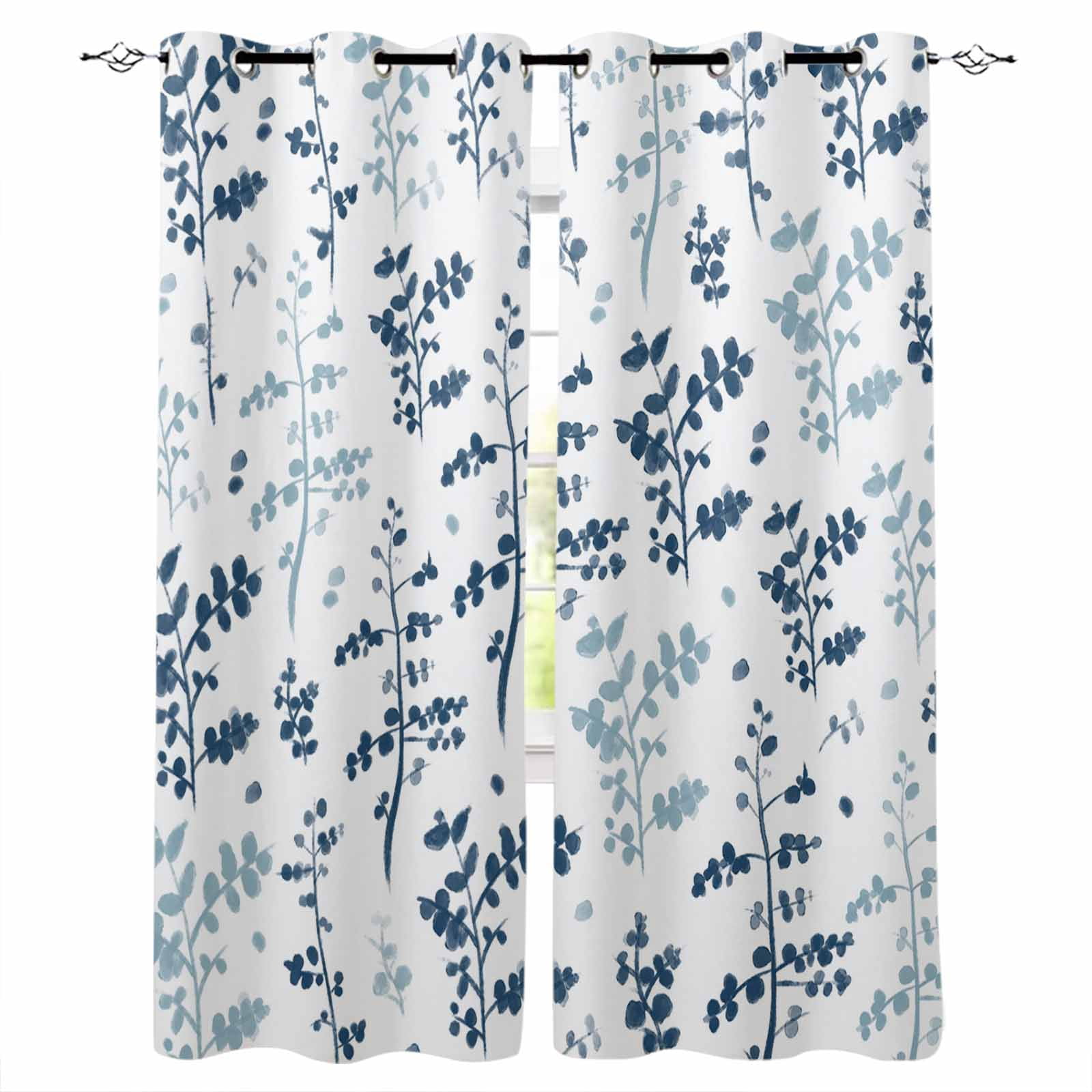 Blue Botanical Blackout Curtains 54 Inch Length 2 Panels Set for Living ...