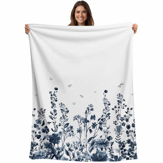 Blue Botanical Blanket Soft Cozy Warm Throw Blanket for Couch, Plush Fuzzy Flannel Fleece Blankets for Sofa, Dragonfly Flower Leaf Retro Ink Style Bed Blankets Lightweight Gifts for Women, 40"x60"