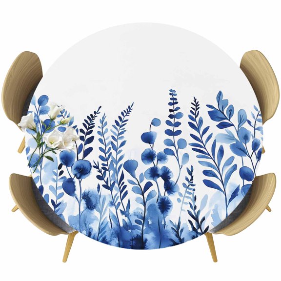 Blue Botanical Blossom Round Tablecloth 36-44 Inch Round Fitted Table Cloth with Elastic Edge, Spring Floral Summer Leaf Waterproof Table Cover Protector for Outdoor Picnic Party Dining
