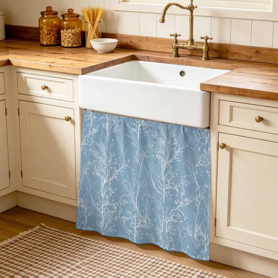 Blue Botanical Cabinet Curtains 35"W x 35"L, Vintage Floral Plants Branch Sink Skirt for Bathroom Vanity Kitchen Self Adhesive, Dust-Proof Privacy Curtain for Shelves Closet Laundry Room Pantry