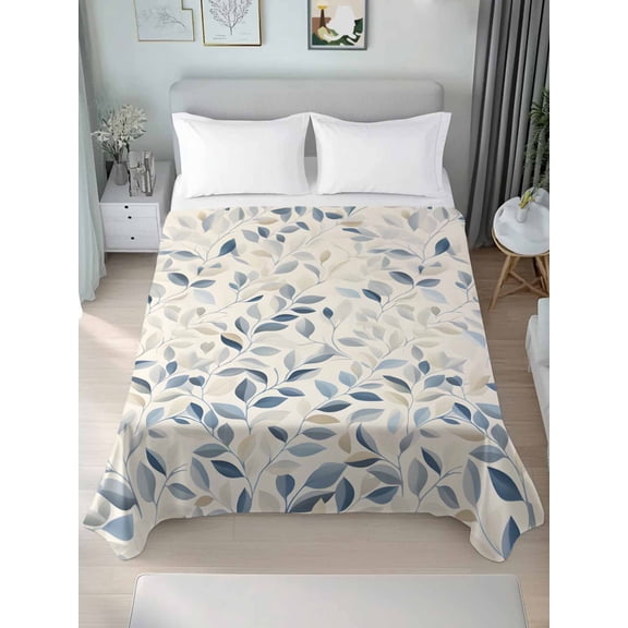 Blue Botanical California King Size Flat Sheet, Wrinkleproof & Fadeproof Cooling Flat Bed Sheet Only, Farmhouse Spring Summer Plant Breathable Soft Bedding Top Sheets 108 x 98 Inches