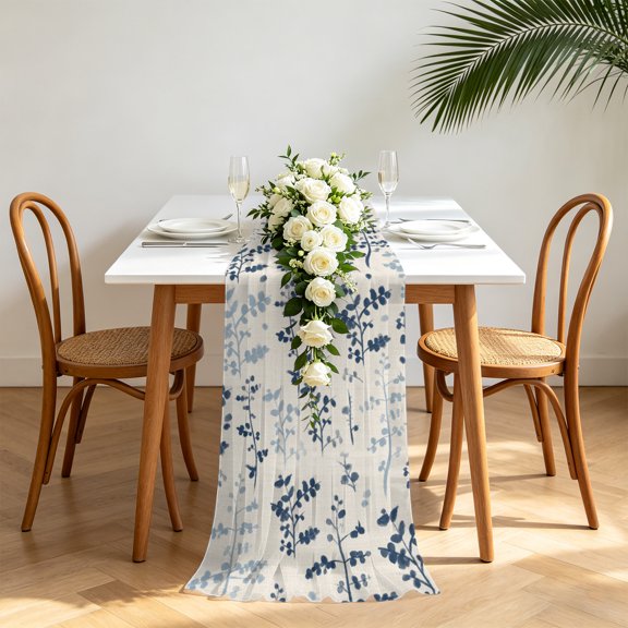 Blue Botanical Chiffon Wedding Table Runner 120 Inches Long, Rustic Country Spring Floral Summer Leaf Voile Sheer Tulle Runner for Rustic Reception Bridal Shower Decorations Birthday Party