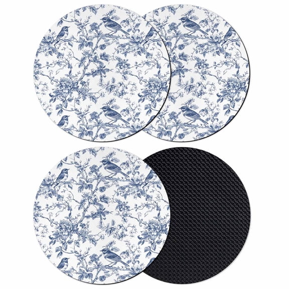 Blue Botanical Coasters Set of 4, Soft Absorbent Coasters for Drinks, Vintage Botanical Birds Non-Slip Cup Coaster Mat with Rubber Bottom for Home Kitchen Desk Coffee Bar Table Decor 4"