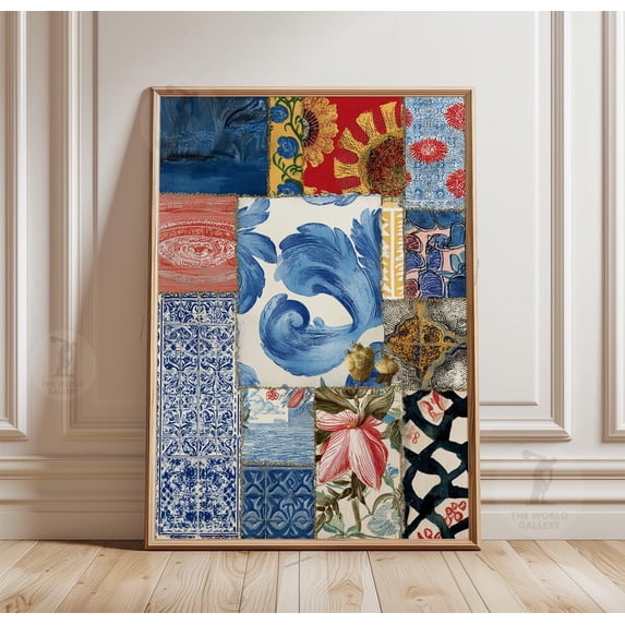 Blue Botanical Collage Poster Tile Pattern Art Print Floral Abstract ...