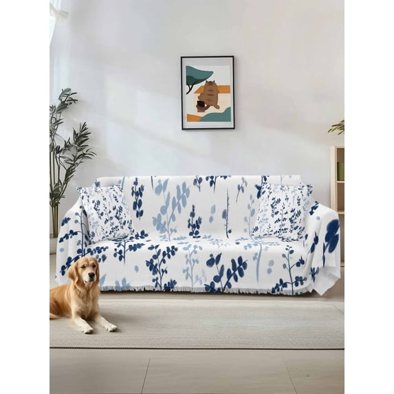 Blue Botanical Couch Cover for Dogs, Spring Floral Watercolor Leaf Washable Sofa Covers Slipcover for Pets Dogs Futon Cover, Couch Recliner Covers, Oversized Chair Slipcover 71"x91"