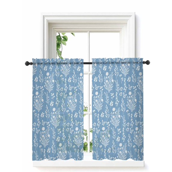 Blue Botanical Curtains 45 Inch Length, Sheer Curtains for Bedroom Living Room Window Spring Summer Chic Wildflowers Rod Pocket Voile Drapes Kitchen Curtains Small Half Window 42"x45" 2 Panels