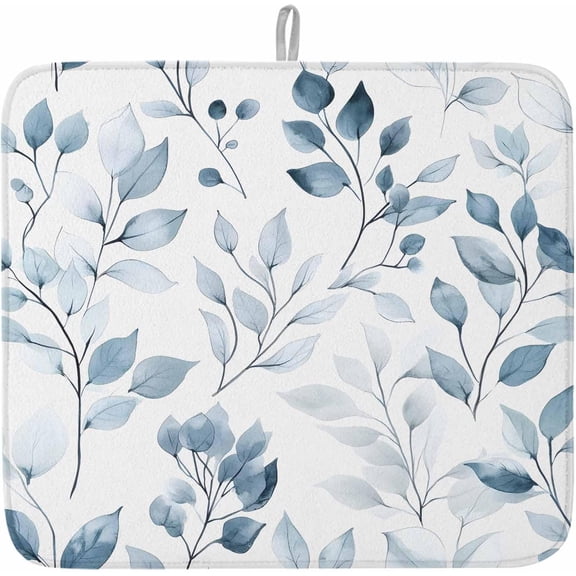 Blue Botanical Dish Drying Mat for Kitchen Counter Spring Summer Leaves Elegant Baby Microfiber Drying Pad, Absorbent Coffee Cup Dishes Drainer Mats 16"x18", 1 Pcs