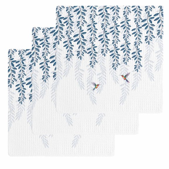 Blue Botanical Dish Towels Set, Waffle Weave Kitchen Towels 3 Pieces, Pastoral Spring Floral Summer Birds Microfiber Hair Face Bath Tea Towel Absorbent Quick Drying Cleaning Dish Cloths 12"x12"