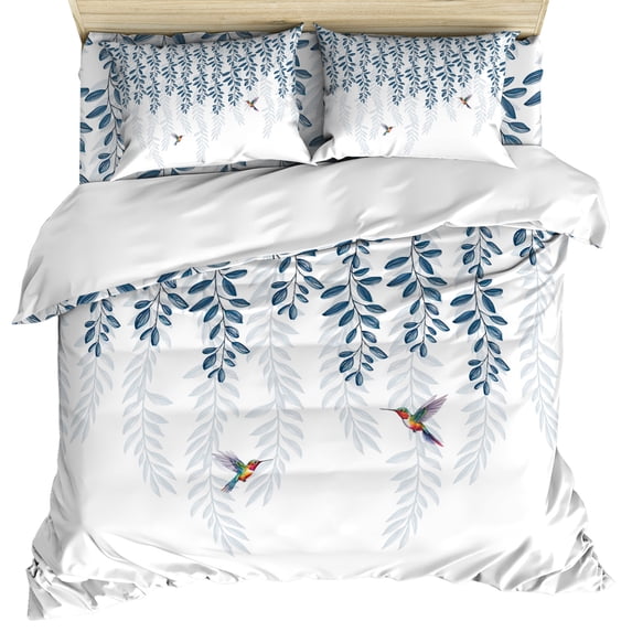 Blue Botanical Duvet Cover Set, Pastoral Spring Floral Summer Birds Soft Duvet Cover Queen Size Bedding Set 4 Pieces, 1 Quiltcover and 2 Pillowcases with Zipper, 1 Bed Sheet for All Seasons