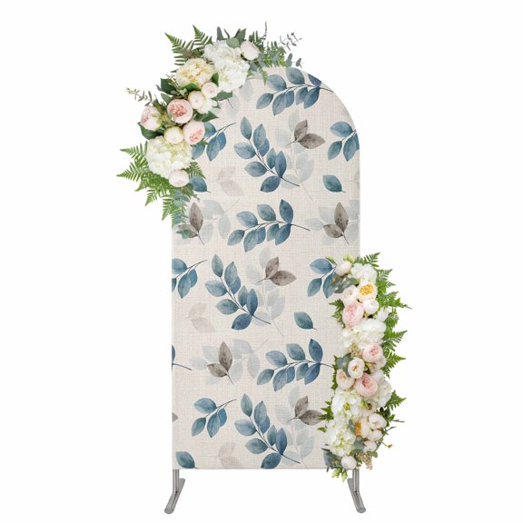 Blue Botanical Fall Arch Backdrop Cover, Spandex Fitted Wedding Arch Cover, Pastoral Maple Leaf Autumn Rustic Round Top Stand Covers for Birthday Ceremony Bridal Shower Party Decor 6x2.6 Ft